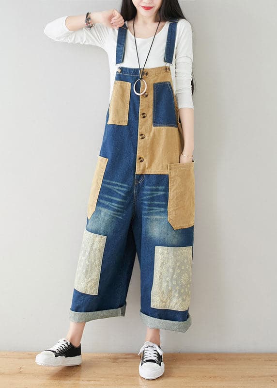 Style dark Blue Pockets Patchwork Cotton denim Jumpsuits Spring YSBS-JPTS220121