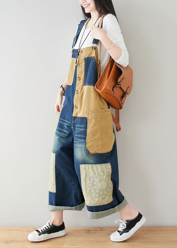 Style dark Blue Pockets Patchwork Cotton denim Jumpsuits Spring dylinoshop