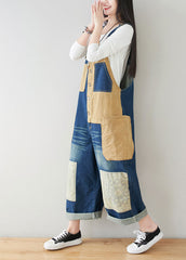 Style dark Blue Pockets Patchwork Cotton denim Jumpsuits Spring dylinoshop