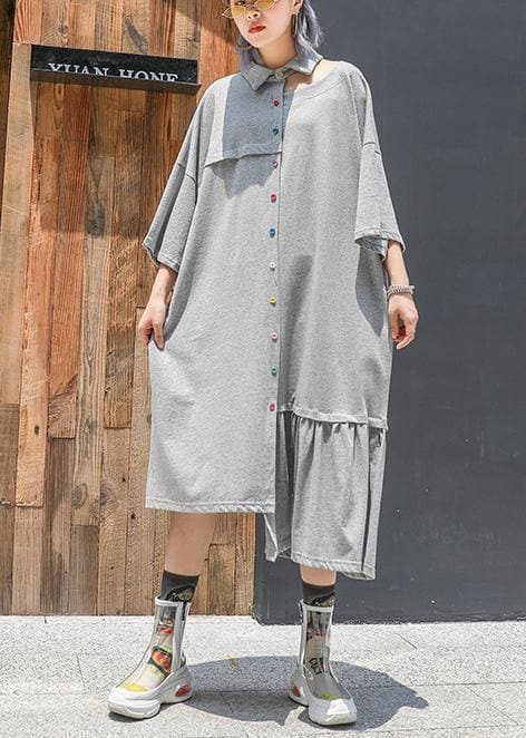 Style gray cotton clothes lapel Cinched long asymmetric summer Dresses AT-SDL190614