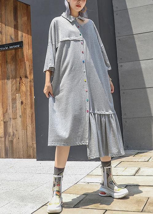 Style gray cotton clothes lapel Cinched long asymmetric summer Dresses AT-SDL190614