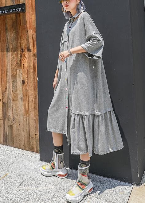 Style gray cotton clothes lapel Cinched long asymmetric summer Dresses AT-SDL190614