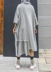 Style gray cotton clothes lapel Cinched long asymmetric summer Dresses AT-SDL190614