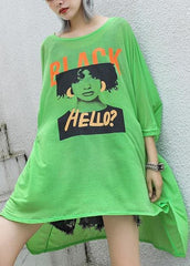 Style green print cotton box top o neck Cinched oversized summer top AT-SDM190614