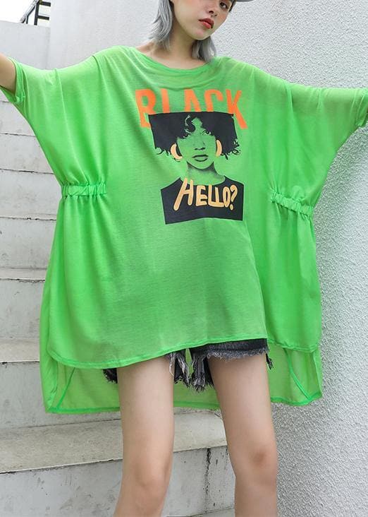 Style green print cotton box top o neck Cinched oversized summer top AT-SDM190614