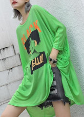 Style green print cotton box top o neck Cinched oversized summer top AT-SDM190614