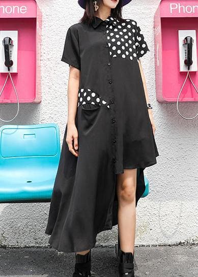 Style lapel asymmetric chiffon Robes boutique Tutorials black dotted Dress Summer AT-SDL190614