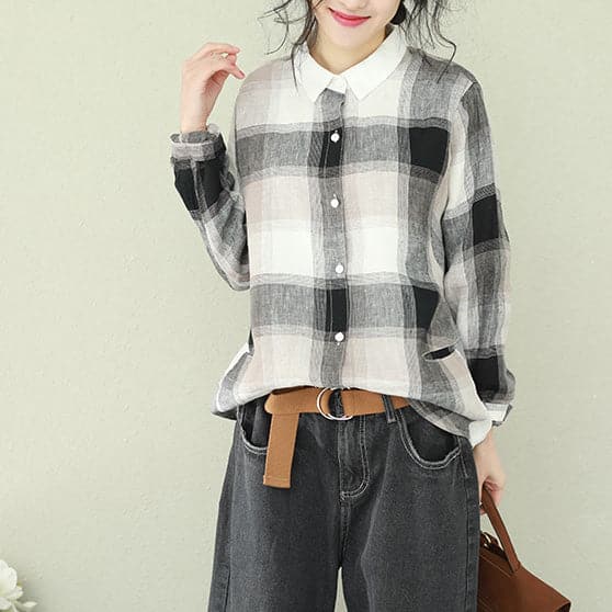 Style lapel linen for women Cotton black Plaid short blouses LTP190129