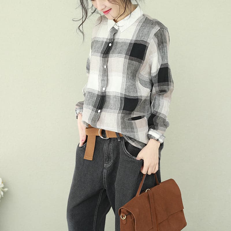 Style lapel linen for women Cotton black Plaid short blouses LTP190129