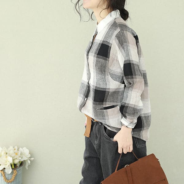 Style lapel linen for women Cotton black Plaid short blouses LTP190129