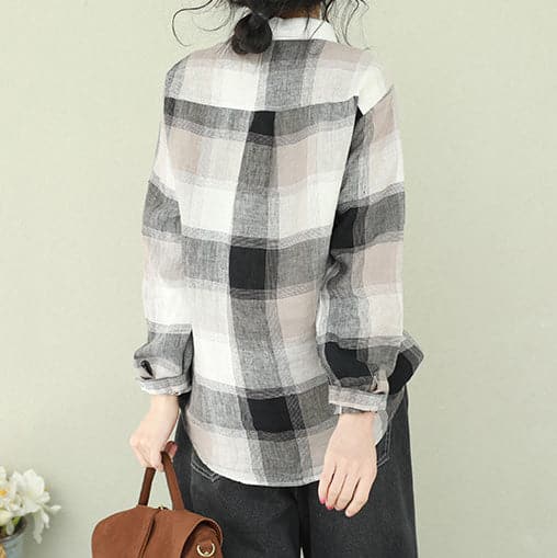 Style lapel linen for women Cotton black Plaid short blouses LTP190129