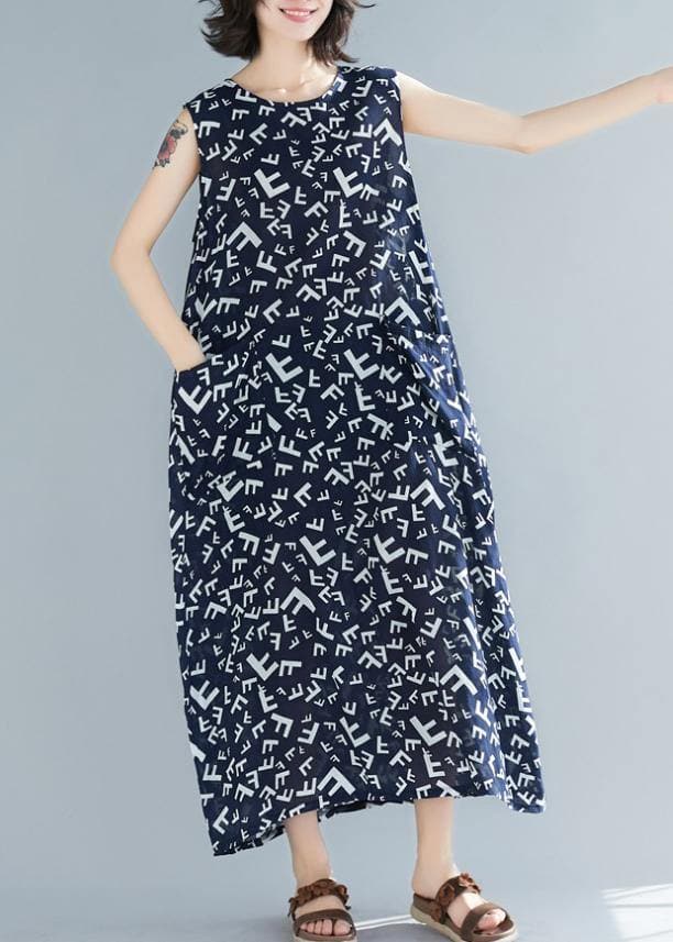 Style navy print cotton dresses o neck sleeveless A Line summer Dress SDL200325