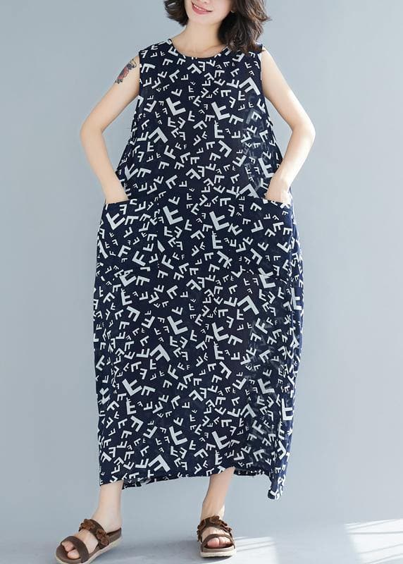 Style navy print cotton dresses o neck sleeveless A Line summer Dress SDL200325