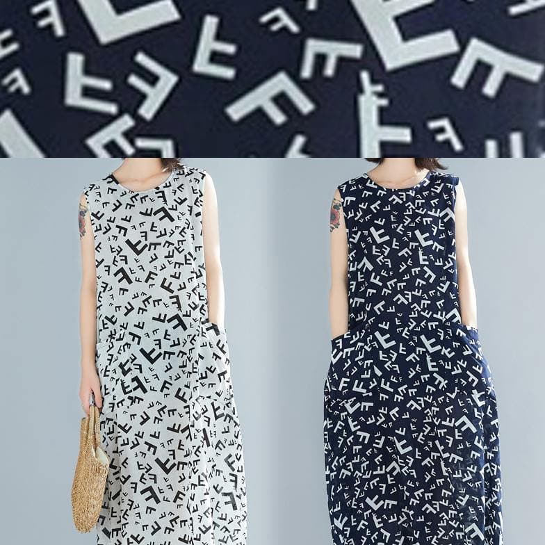 Style navy print cotton dresses o neck sleeveless A Line summer Dress SDL200325