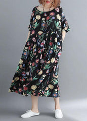 Style o neck linen summer quilting clothes Catwalk black print Dress SDL200425