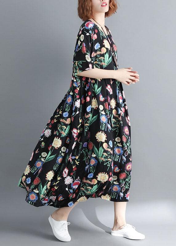 Style o neck linen summer quilting clothes Catwalk black print Dress SDL200425