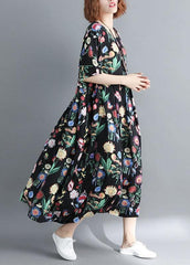 Style o neck linen summer quilting clothes Catwalk black print Dress SDL200425