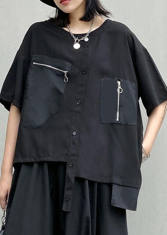 Style o neck patchwork cotton summer tunic pattern black shirts AT-STP200508