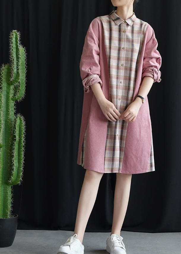 Style pink patchwork Plaid Cotton clothes lapel tie waist Plus Size fall Dresses FDM190827