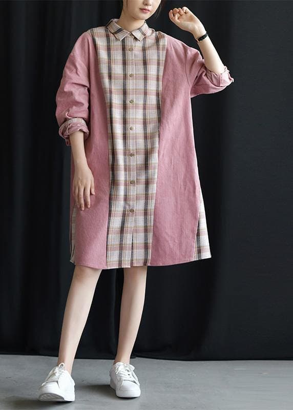 Style pink patchwork Plaid Cotton clothes lapel tie waist Plus Size fall Dresses FDM190827