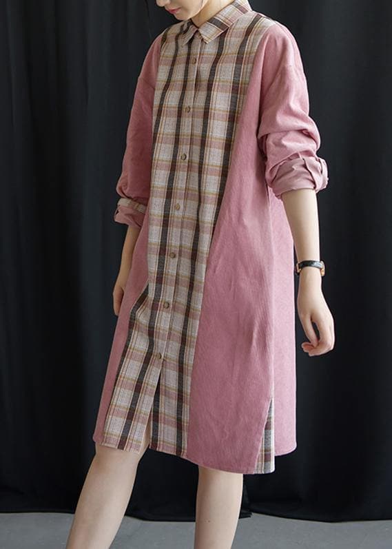 Style pink patchwork Plaid Cotton clothes lapel tie waist Plus Size fall Dresses FDM190827