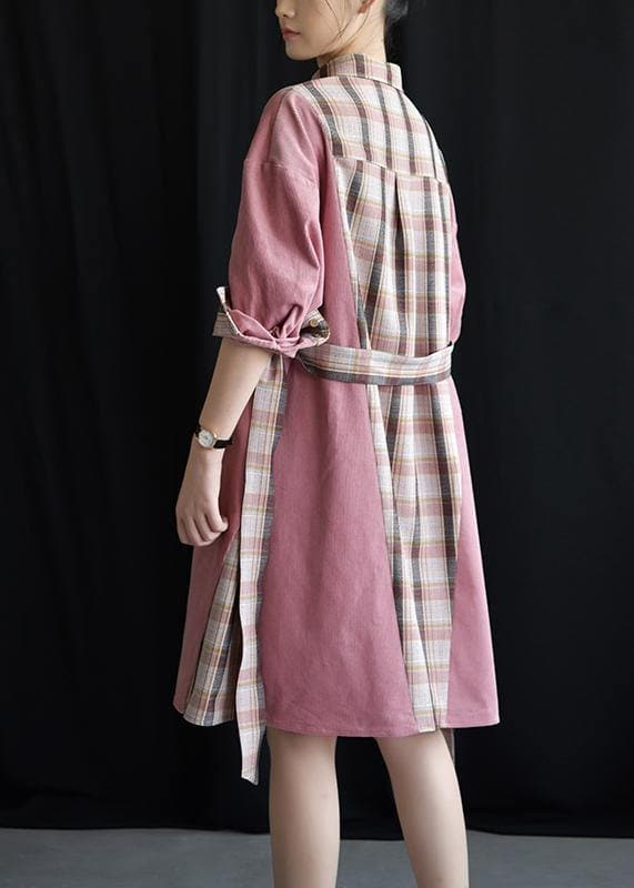 Style pink patchwork Plaid Cotton clothes lapel tie waist Plus Size fall Dresses FDM190827