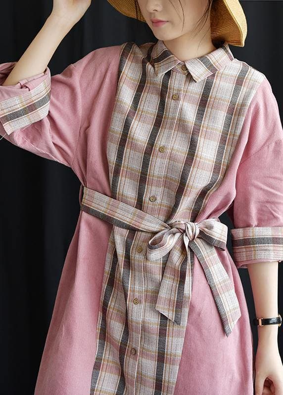 Style pink patchwork Plaid Cotton clothes lapel tie waist Plus Size fall Dresses FDM190827