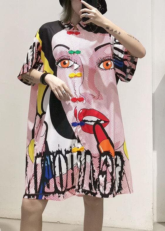 Style stand collar Cotton dress Sewing pink Cartoon print Dresses summer AT-SDM190717