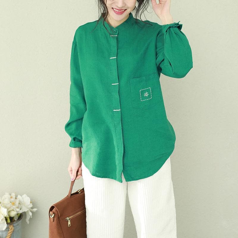 Style stand collar linen tops women blouses plus size Sewing green short blouses LTP190129