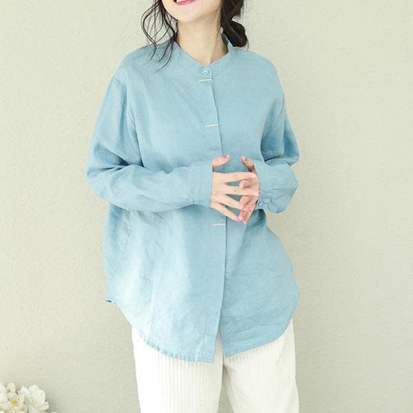 Style stand collar linen tops women blouses plus size Sewing green short blouses LTP190129