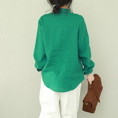 Style stand collar linen tops women blouses plus size Sewing green short blouses LTP190129