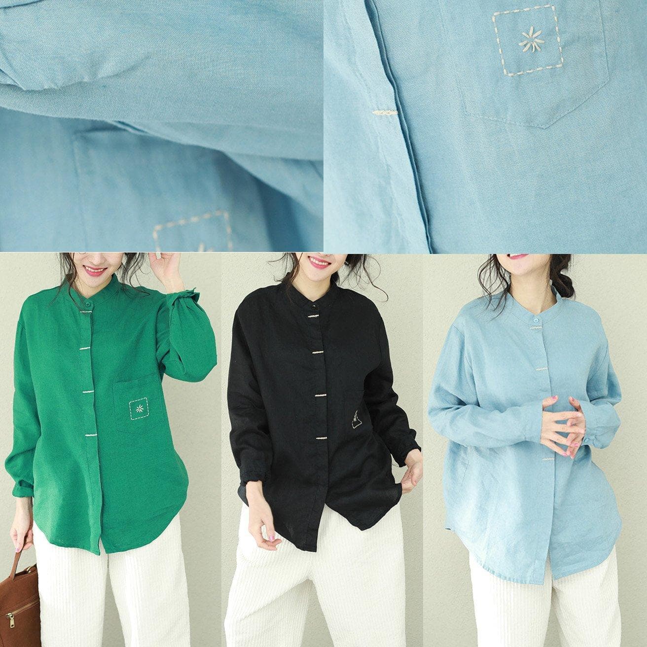 Style stand collar linen tops women blouses plus size Sewing green short blouses LTP190129