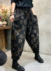 Stylish Black Cinched Floral Pockets denim Pants Winter BSNZK-LPTS211124