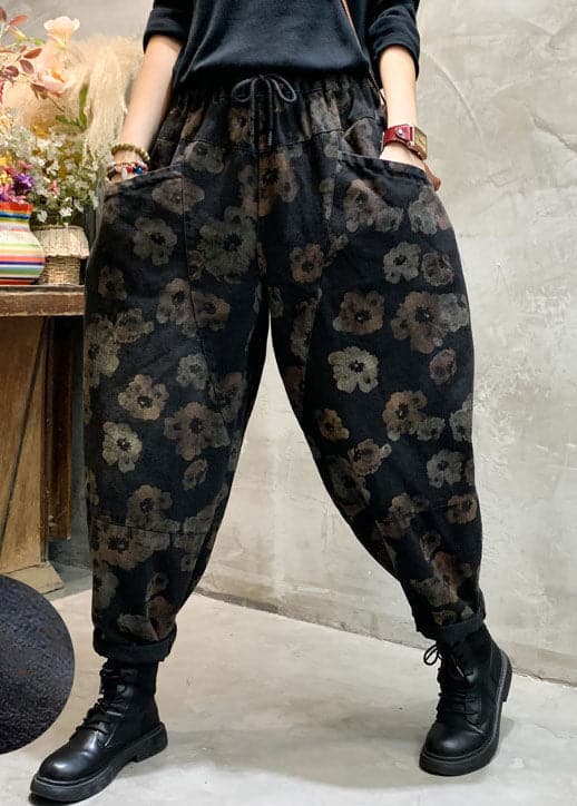 Stylish Black Cinched Floral Pockets denim Pants Winter BSNZK-LPTS211124