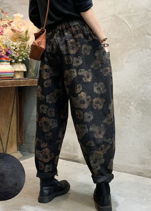 Stylish Black Cinched Floral Pockets denim Pants Winter BSNZK-LPTS211124