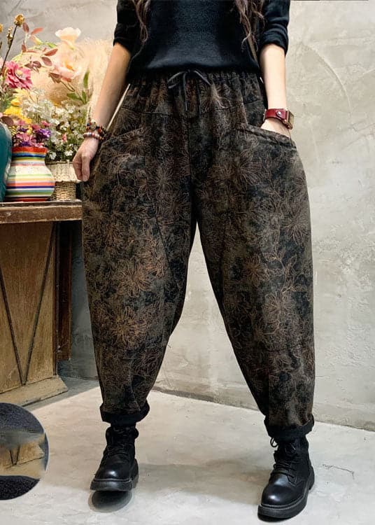 Stylish Black Cinched Print Loose denim Pants Trousers Winter NZ-LPTS220105