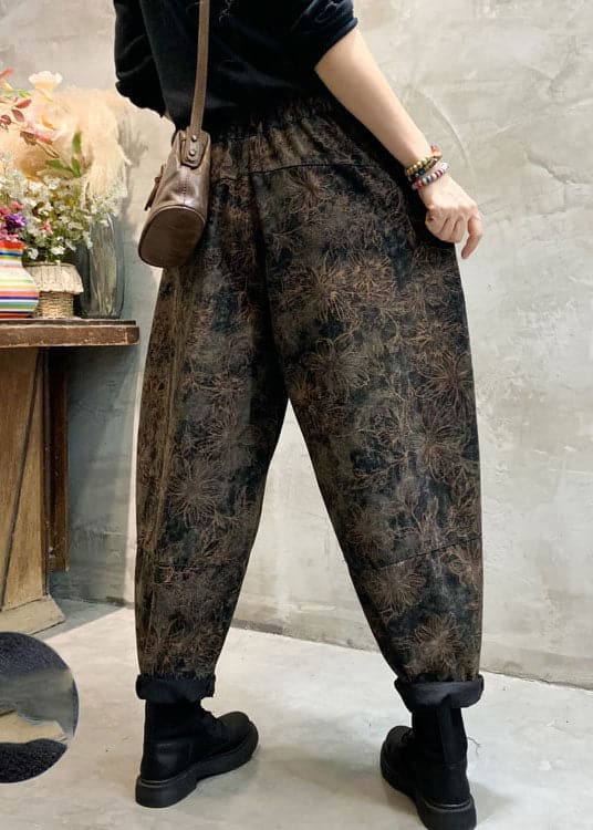 Stylish Black Cinched Print Loose denim Pants Trousers Winter NZ-LPTS220105