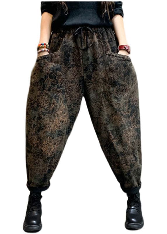 Stylish Black Cinched Print Loose denim Pants Trousers Winter NZ-LPTS220105