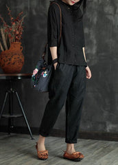 Stylish Black Elastic Waist Pockets Linen Harem Pants Summer GK-CPTS220804