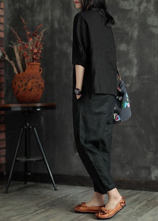 Stylish Black Elastic Waist Pockets Linen Harem Pants Summer GK-CPTS220804