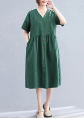 Stylish Blackish Green V Neck Button Pockets Cotton Long Dress Short Sleeve gk-SDL220722