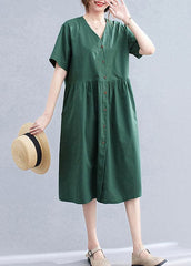 Stylish Blackish Green V Neck Button Pockets Cotton Long Dress Short Sleeve gk-SDL220722