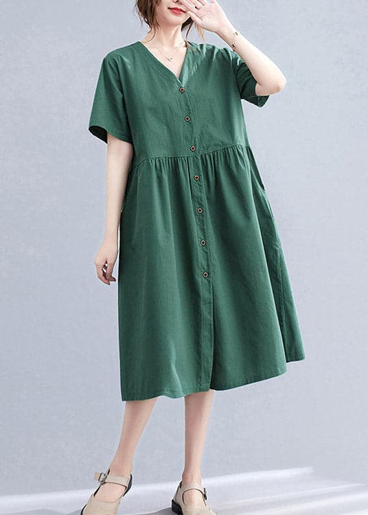 Stylish Blackish Green V Neck Button Pockets Cotton Long Dress Short Sleeve gk-SDL220722