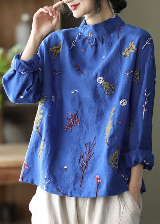 Stylish Blue Embroideried retro Linen Blouse Tops Spring GK-LTP220111