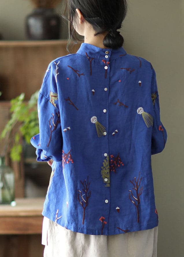 Stylish Blue Embroideried retro Linen Blouse Tops Spring GK-LTP220111