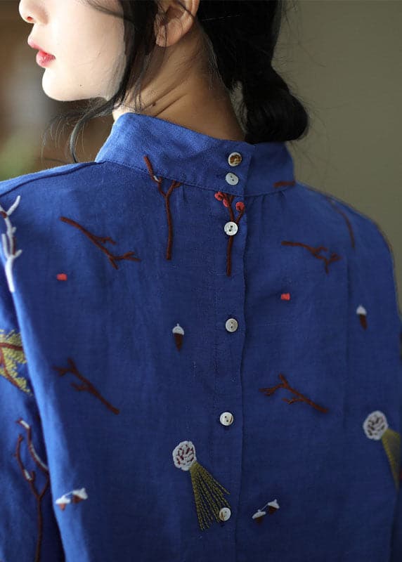 Stylish Blue Embroideried retro Linen Blouse Tops Spring GK-LTP220111