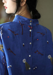 Stylish Blue Embroideried retro Linen Blouse Tops Spring GK-LTP220111