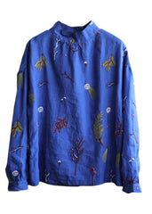 Stylish Blue Embroideried retro Linen Blouse Tops Spring GK-LTP220111