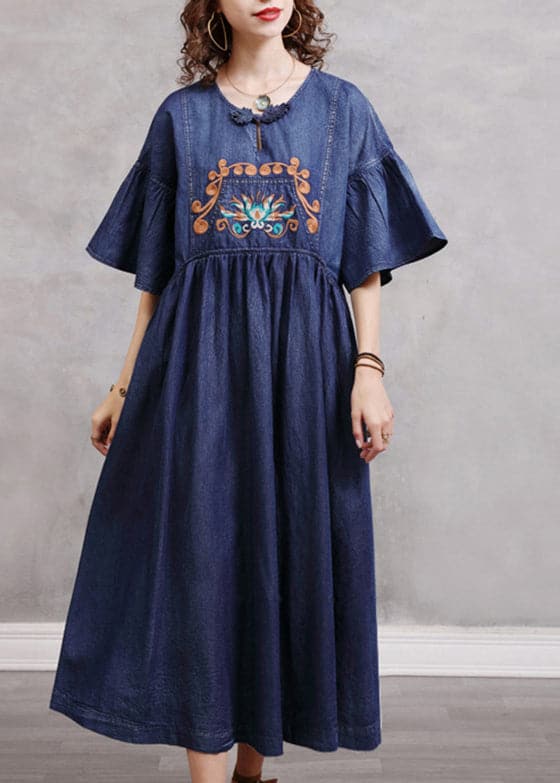 Stylish Blue O-Neck Cinched Embroideried Cotton denim Dresses Butterfly Sleeve NZ-SDL220304