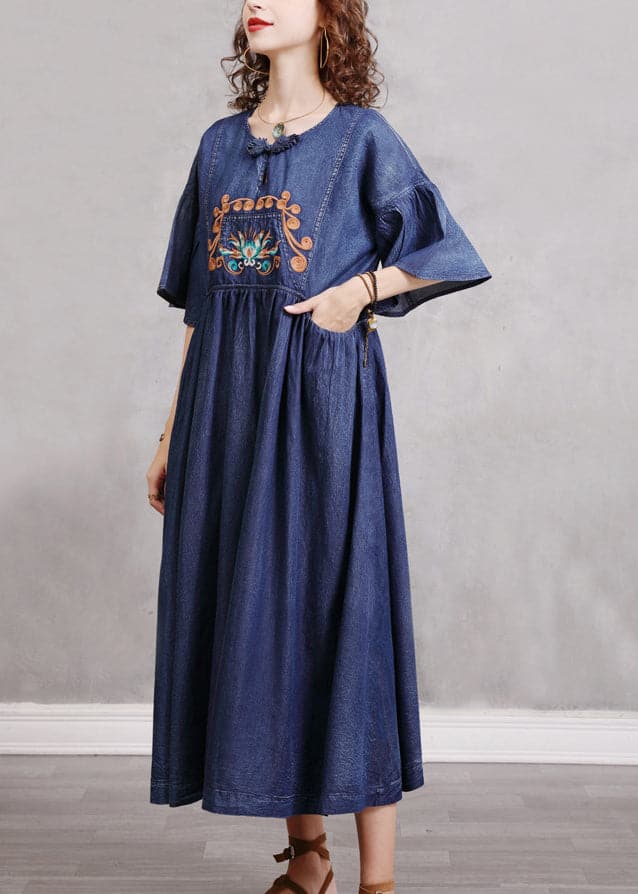 Stylish Blue O-Neck Cinched Embroideried Cotton denim Dresses Butterfly Sleeve NZ-SDL220304